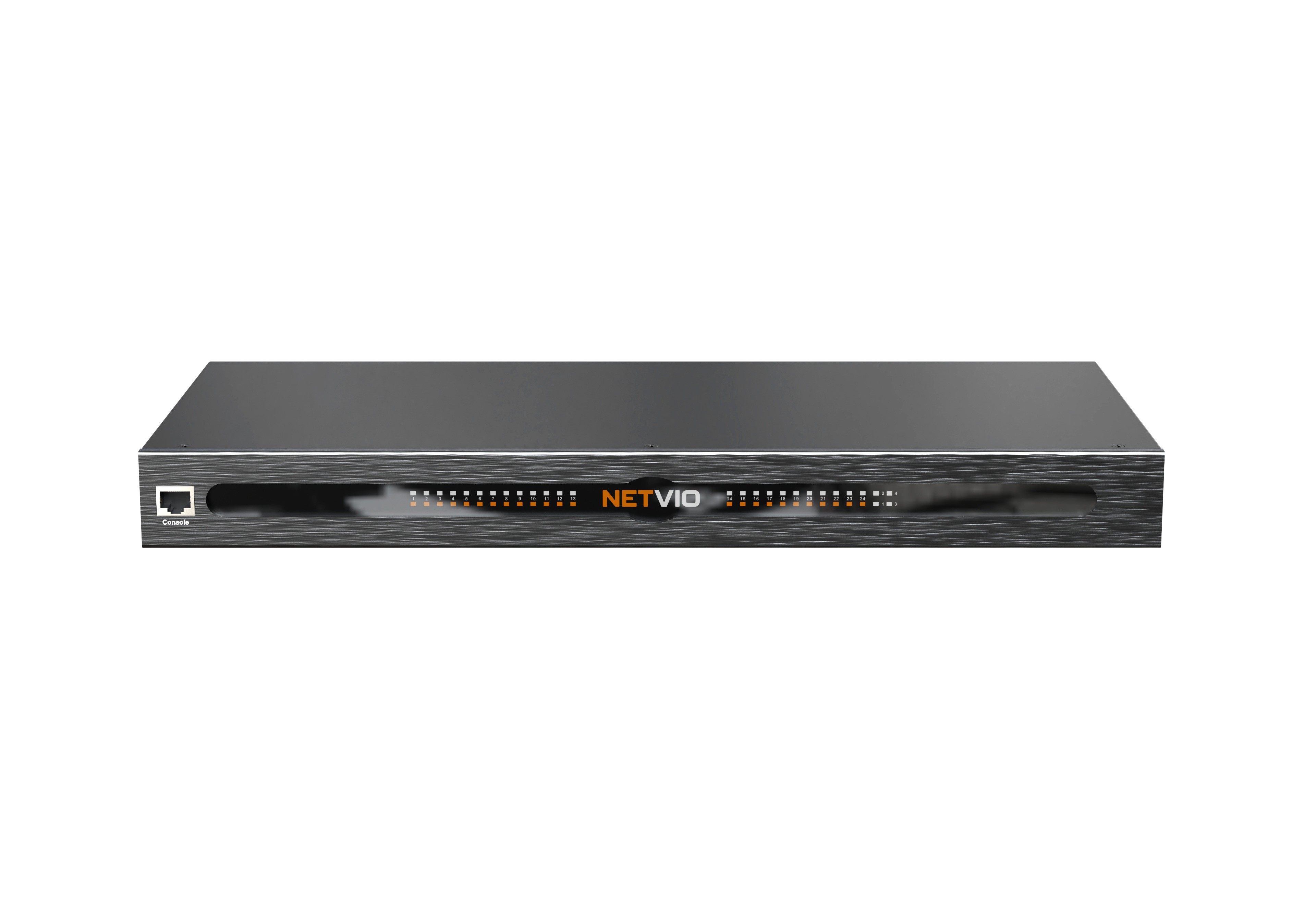 NETVIO networking device with status lights and ports.