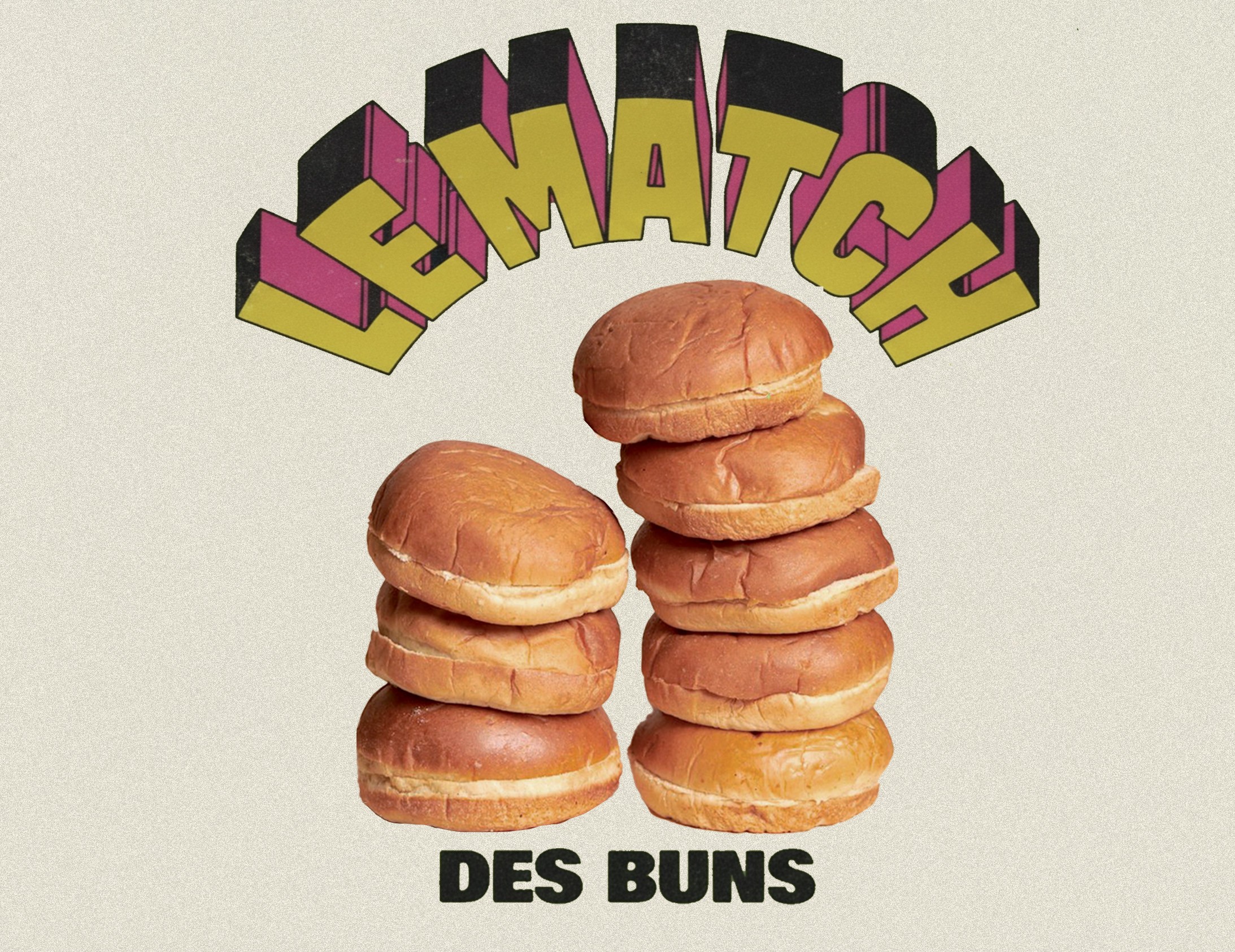 Visuel promotionnel vintage "LE MATCH DES BUNS" mettant en vedette les potato buns Pancobuns. Deux piles de pains à burger moelleux illustrent la texture aérienne et dorée du produit, idéale pour les smash burgers, sous une typographie colorée style pop-art.