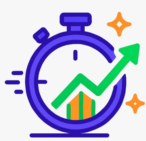 Icône flat design illustrant un CRM rapide et rentable qui génère des gains de temps et de productivité.