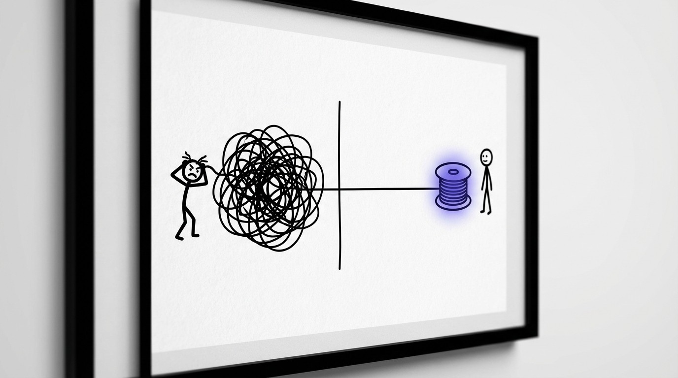 A comparison diagram showing a chaotic, tangled mess of lines on the left versus a straight, organized path on the right, representing the transition from a manual, disorganized workflow to an efficient, streamlined process.