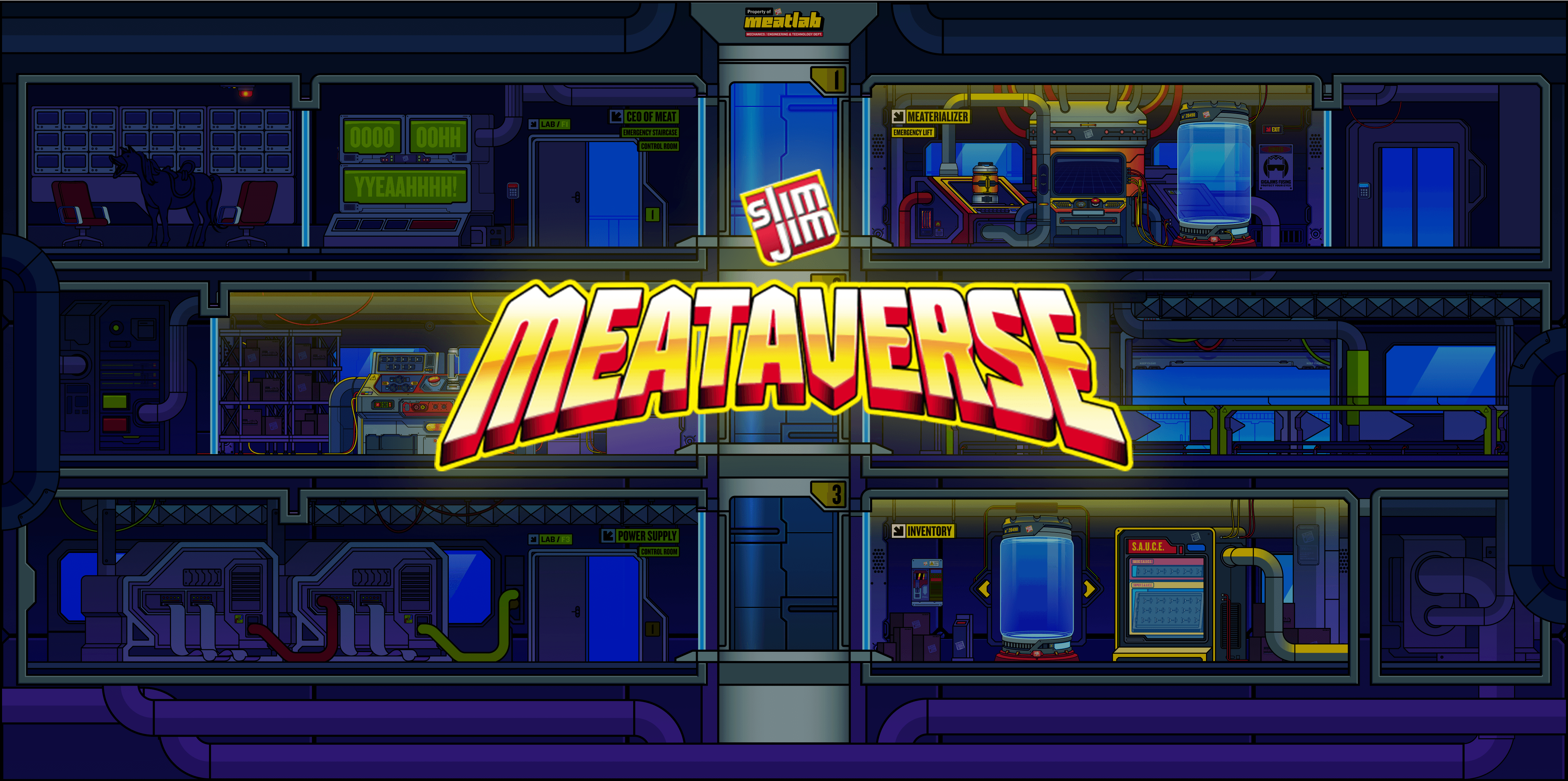 The Meataverse lab in the background overlayed by the project logo
