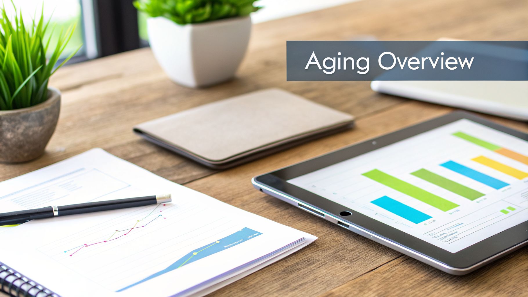 A business desk setup with charts on a tablet, documents, and a pen, featuring 'Aging Overview' text.