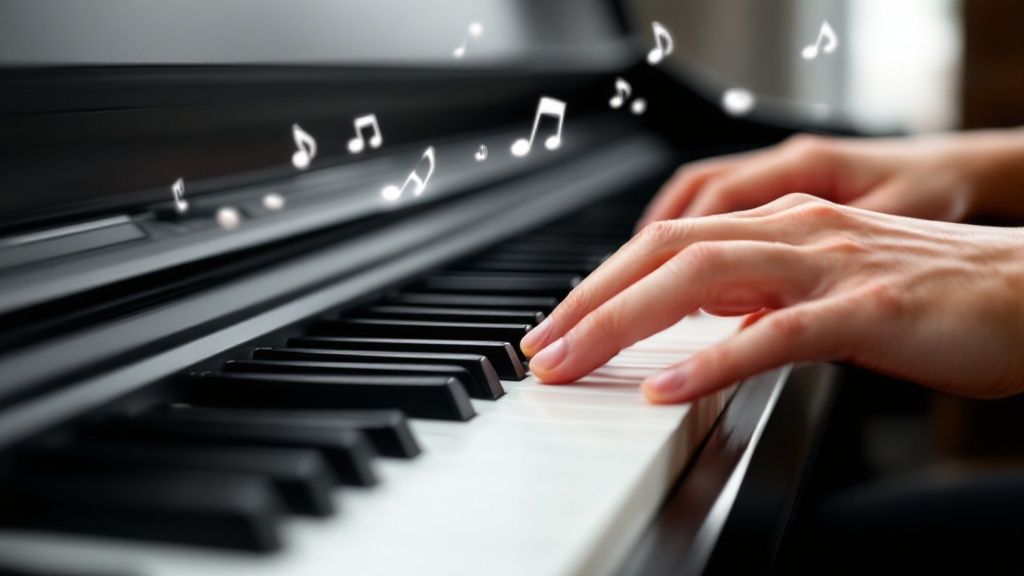 A songwriter reviewing lyrics on a tablet with headphones on