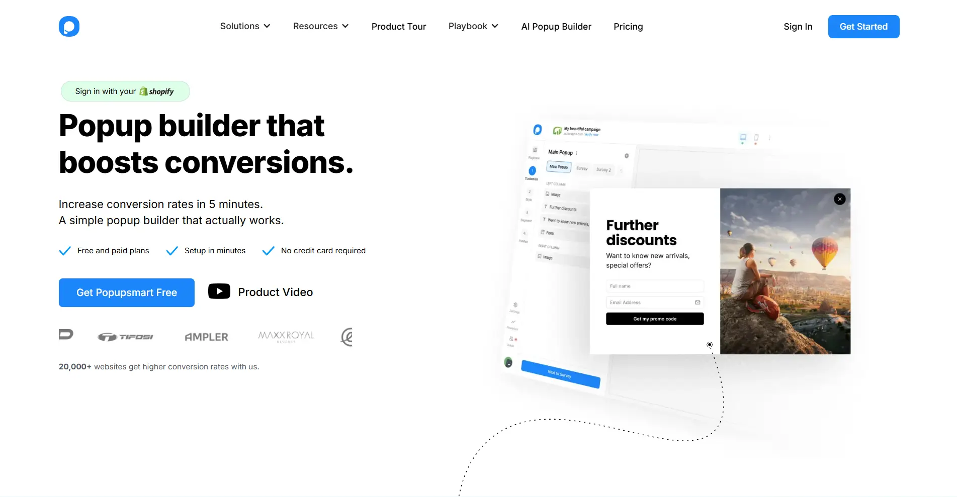 Popupsmart homepage hero section featuring the headline “Popup builder that boosts conversions.”
