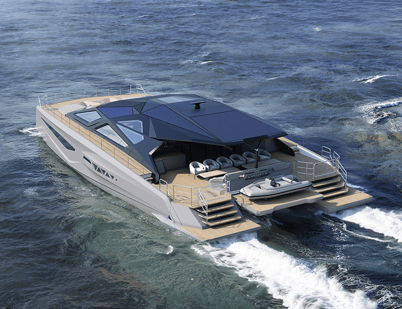 a spacious open-concept layout with a king bed, living area, and ocean beyond full-length windows.