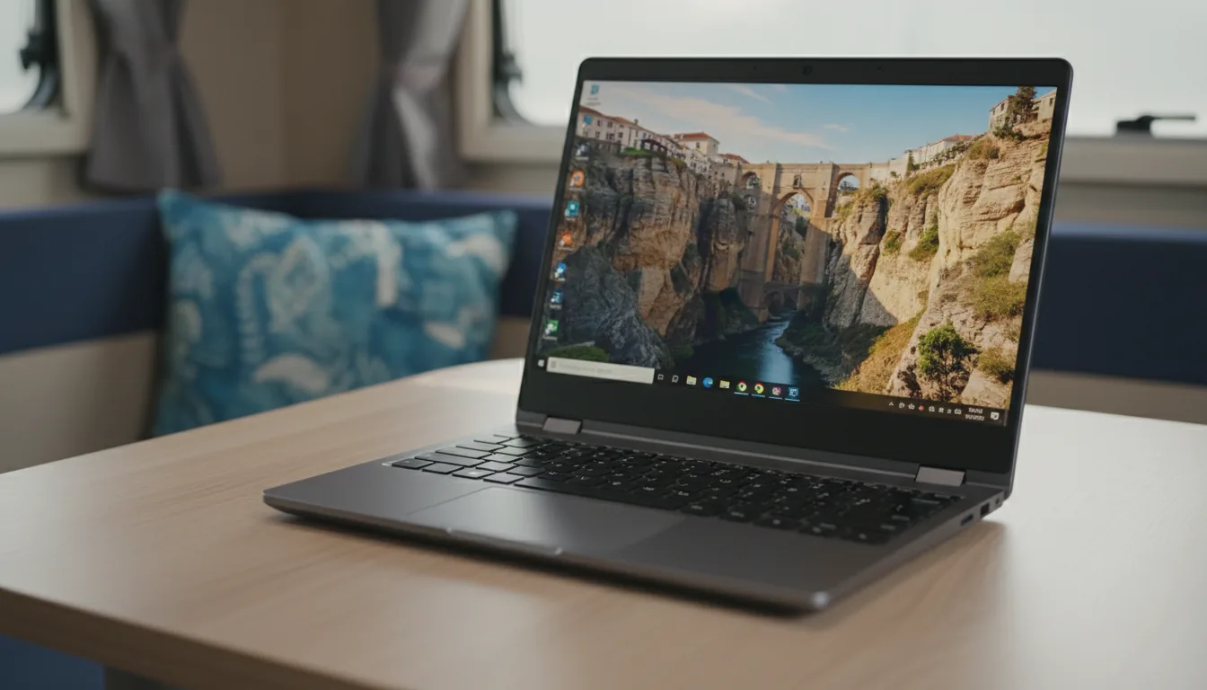DSLR photography of a modern, dark grey convertible laptop in tent mode, placed on a light oak wood grain table. The screen is on, displaying a vibrant wallpaper of a sunlit city on a rocky cliff with a stone bridge, with UI elements visible on the taskbar. Soft natural daylight illuminates the scene. The background is a soft-focus bokeh interior of a camper van with a blue patterned cushion, creating a shallow depth of field.