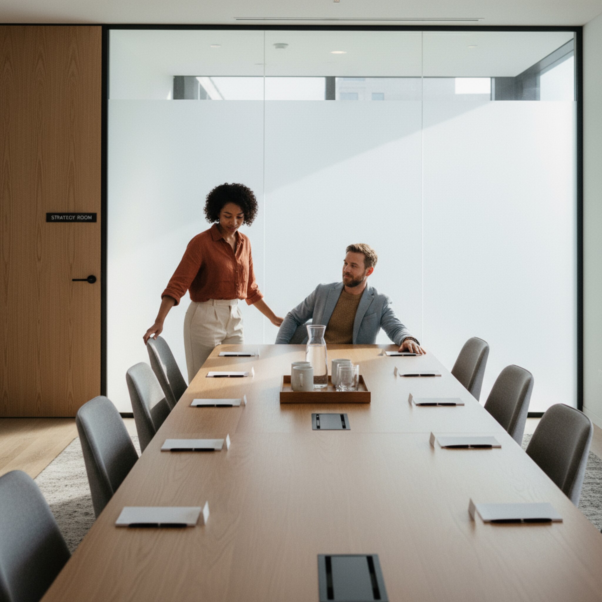 Ein moderner Besprechungsraum mit großem Holztisch ist für einen Pitch vorbereitet. Auf jedem Platz liegen Notizkarten und Stifte, am Kopfende steht ein Tablett mit Wasser und Tassen. Ein dezenter Wegweiser vor der Tür weist den Raumnamen aus. Zwei Gäste betreten den Raum und nehmen erwartungsvoll Platz.