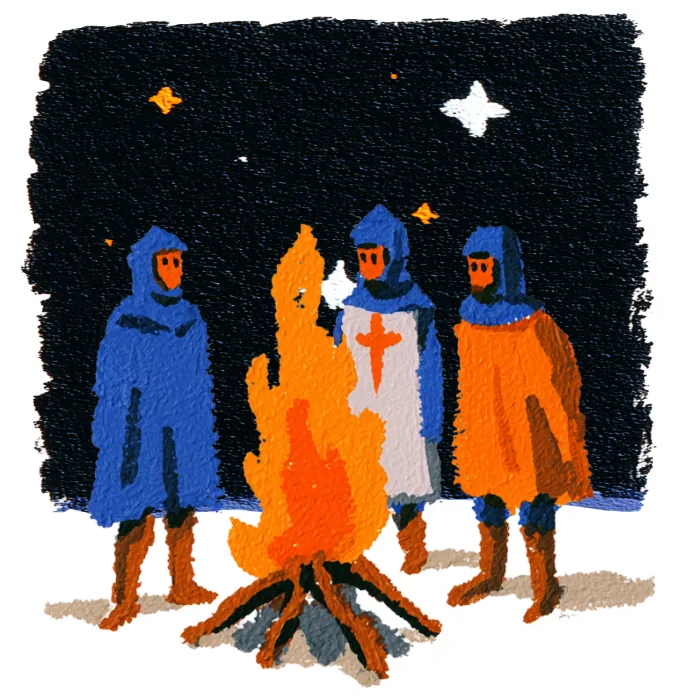 Three cloaked adventurers gather around a campfire beneath a starry night sky.