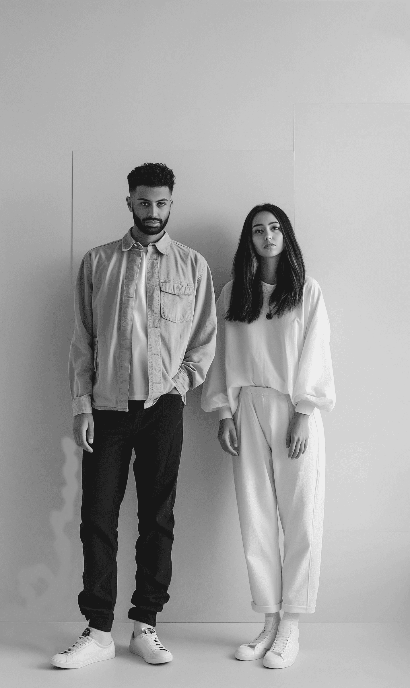 A man and a woman are standing by a wall.