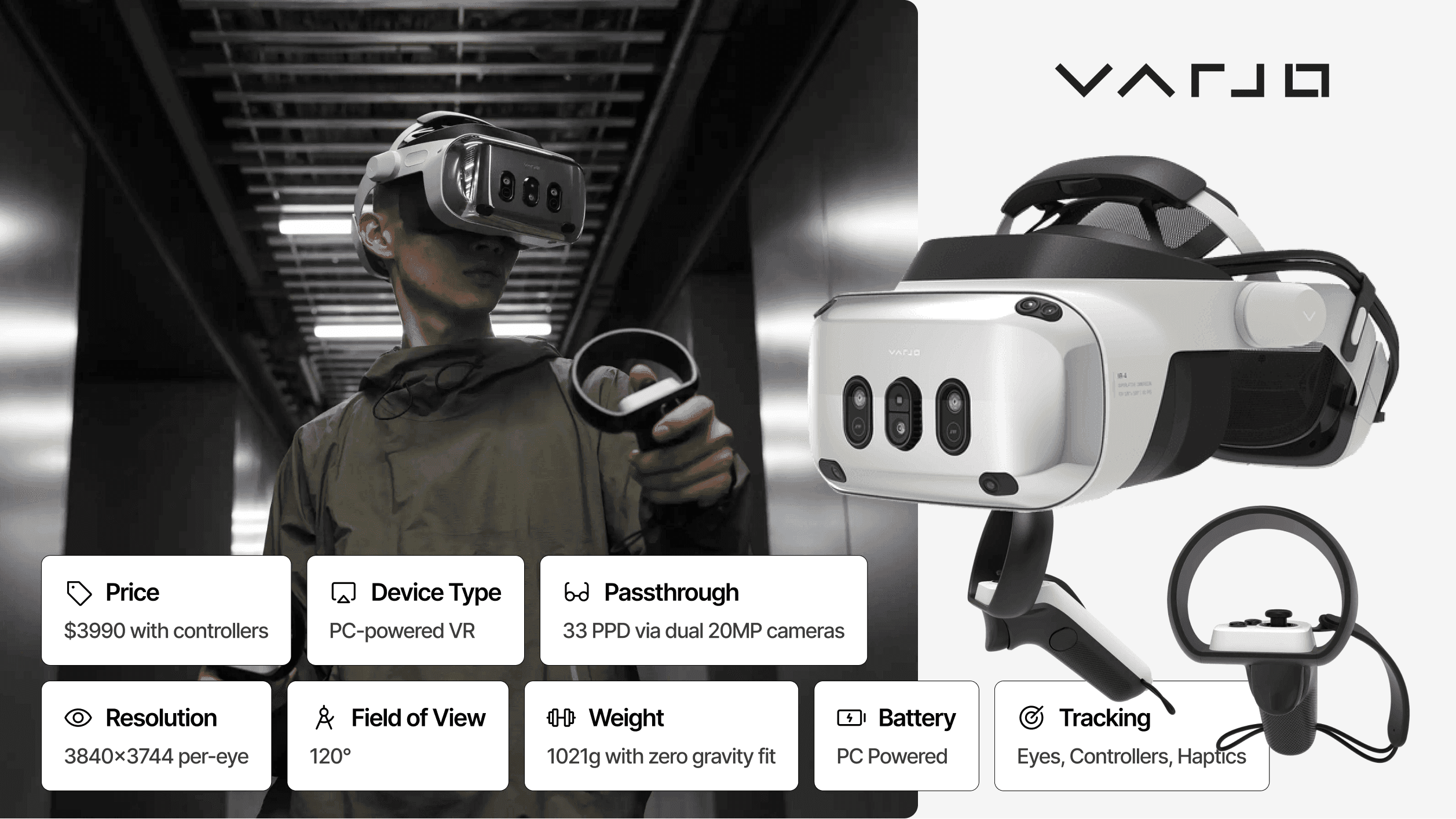 Varjo XR-4 high-resolution headset and controllers shown with a detailed list of its hardware specifications.