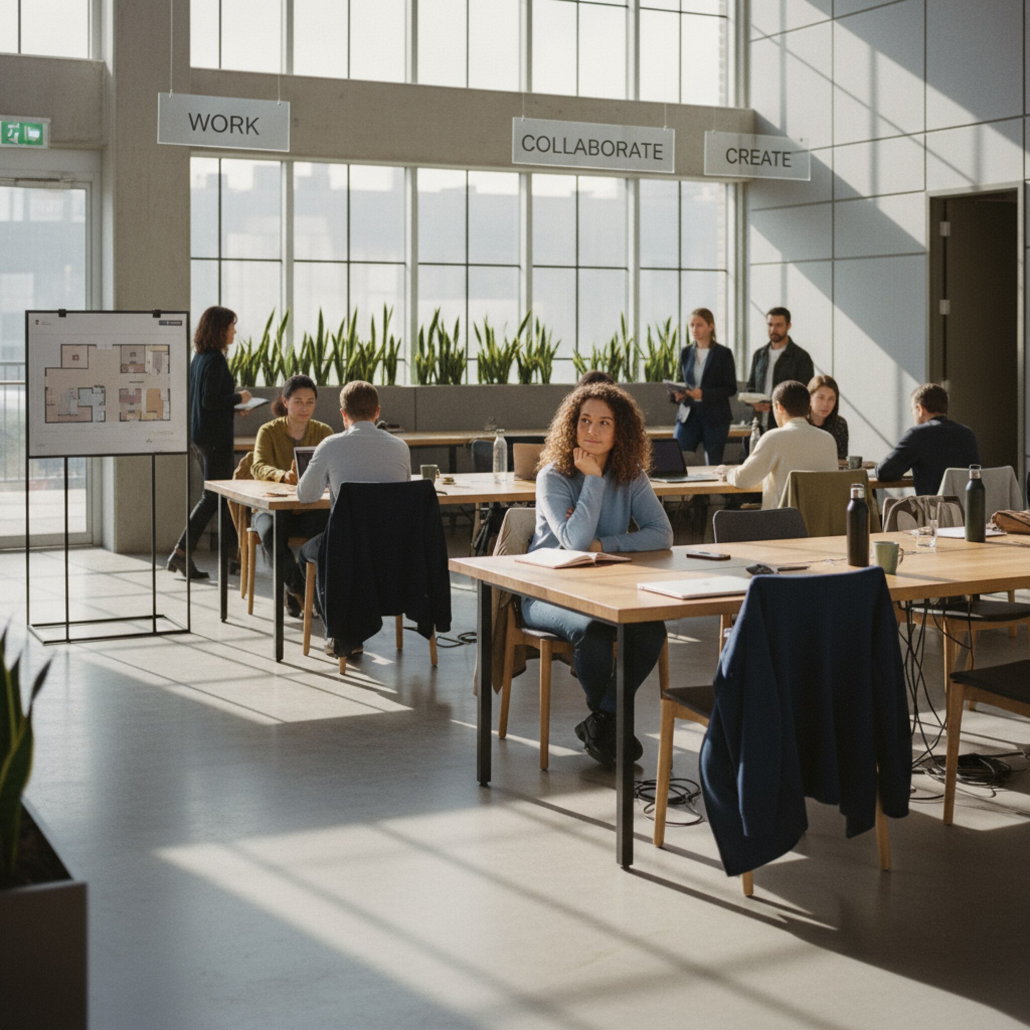 Ein großzügiger Open Space mit klarer Beschilderung über den Tischreihen, daneben ein aufgestellter, gedruckter Etagenplan. Sonnenlicht zeichnet Linien auf den Boden, vereinzelte Jacken über Stühlen deuten auf aktive Nutzung hin. Die Szene wirkt geordnet und leicht zu navigieren.
