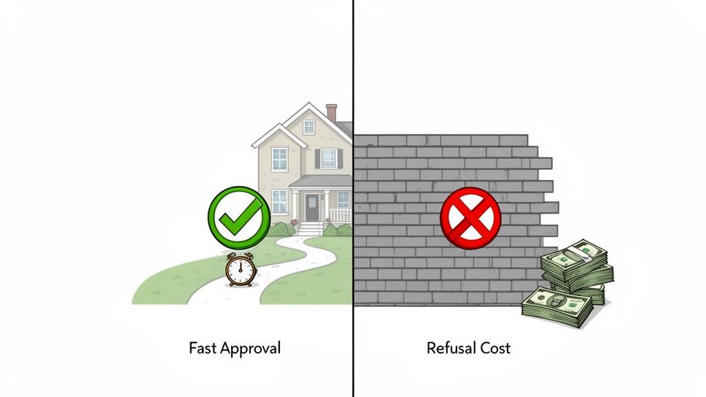 Two panels showing fast approval with a house and refusal cost with a brick wall and cash.
