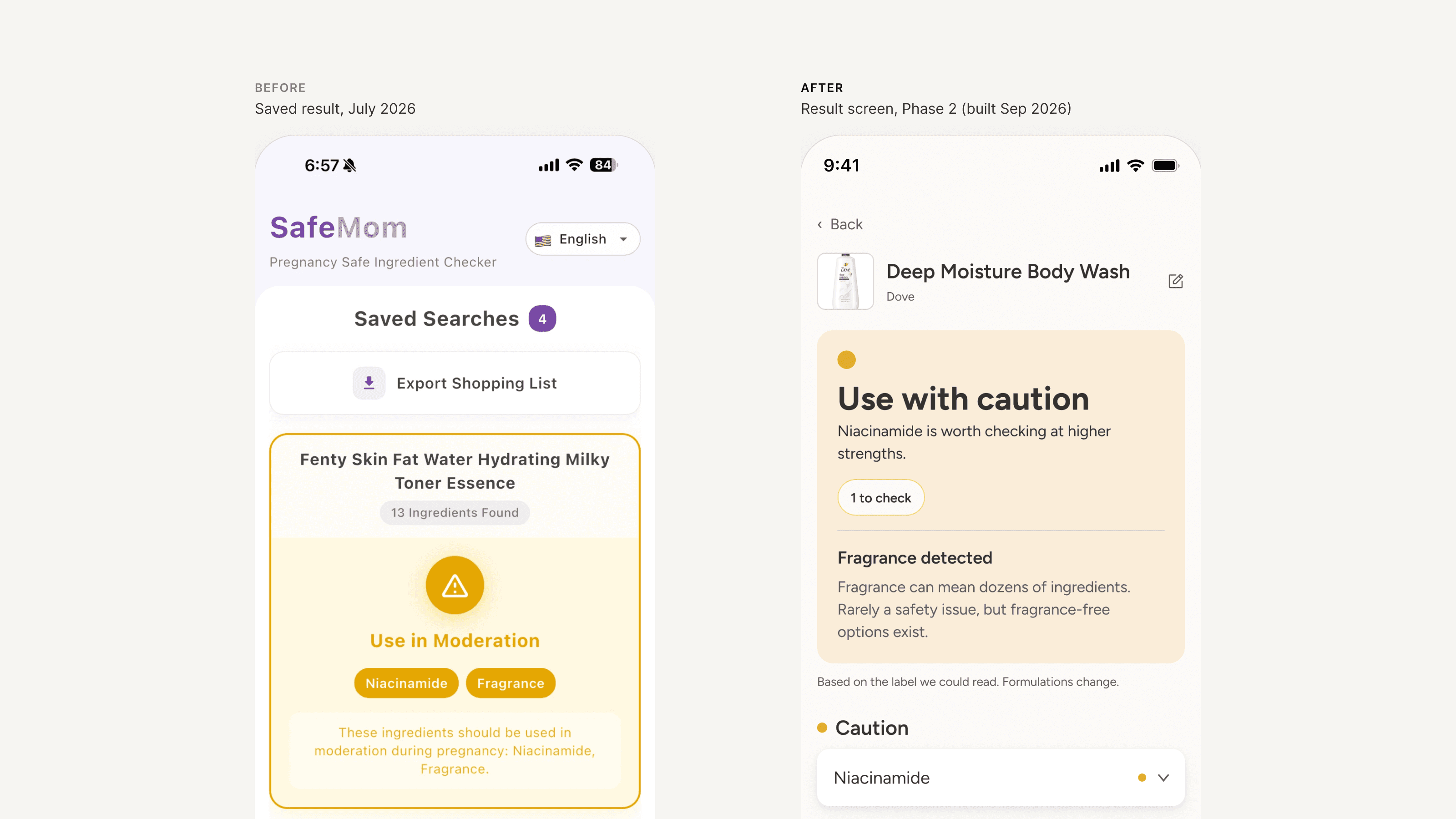 Before and after of the result screen. Before, fragrance helps put a toner in the Use in Moderation state. After, the caution comes from niacinamide, and fragrance gets a short note: it can mean dozens of ingredients, is rarely a safety issue, and fragrance-free options exist.