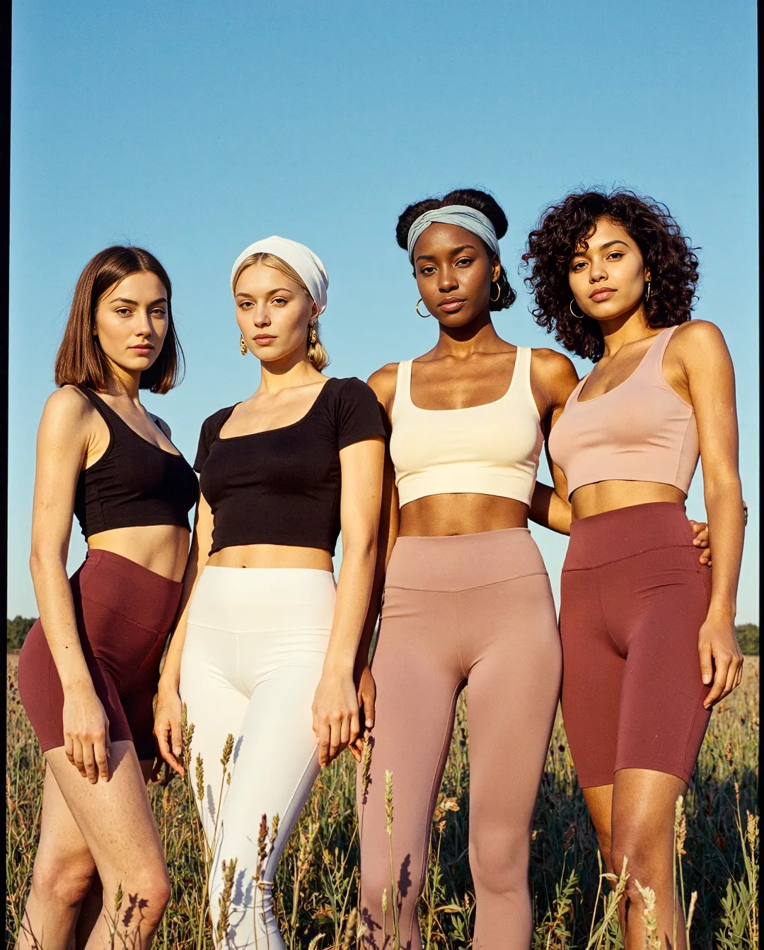 Four models in coordinated athleisure wear standing in a sunlit field, wearing crop tops and fitted bottoms in earth tones.