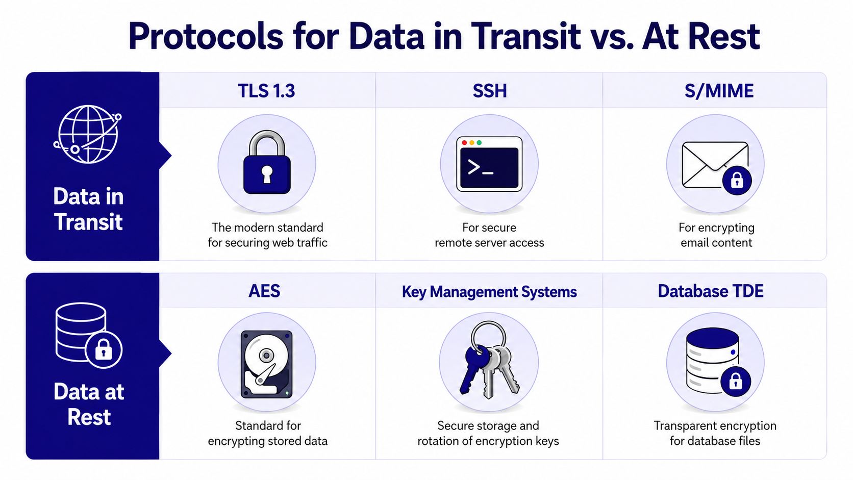 A chart comparing cybersecurity protocols for protecting data in transit versus securing data at rest.