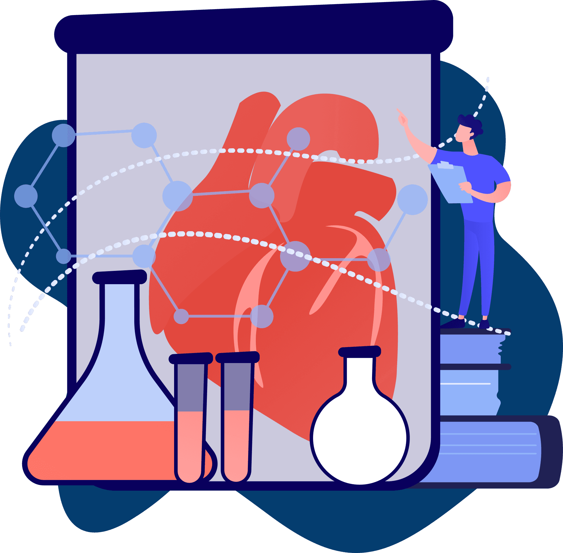 llustration of Extracorporeal Shockwave Myocardial Revascularization (ESMR) therapy showing heart with scientific analysis elements, test tubes, and medical equipment – a non-surgical treatment to improve blood flow and heart function. Extracorporeal Shockwave Myocardial Revascularization (ESMR) Therapy – Non-Surgical Heart Treatment for Improved Blood Flow | Sibia Medical Centre.