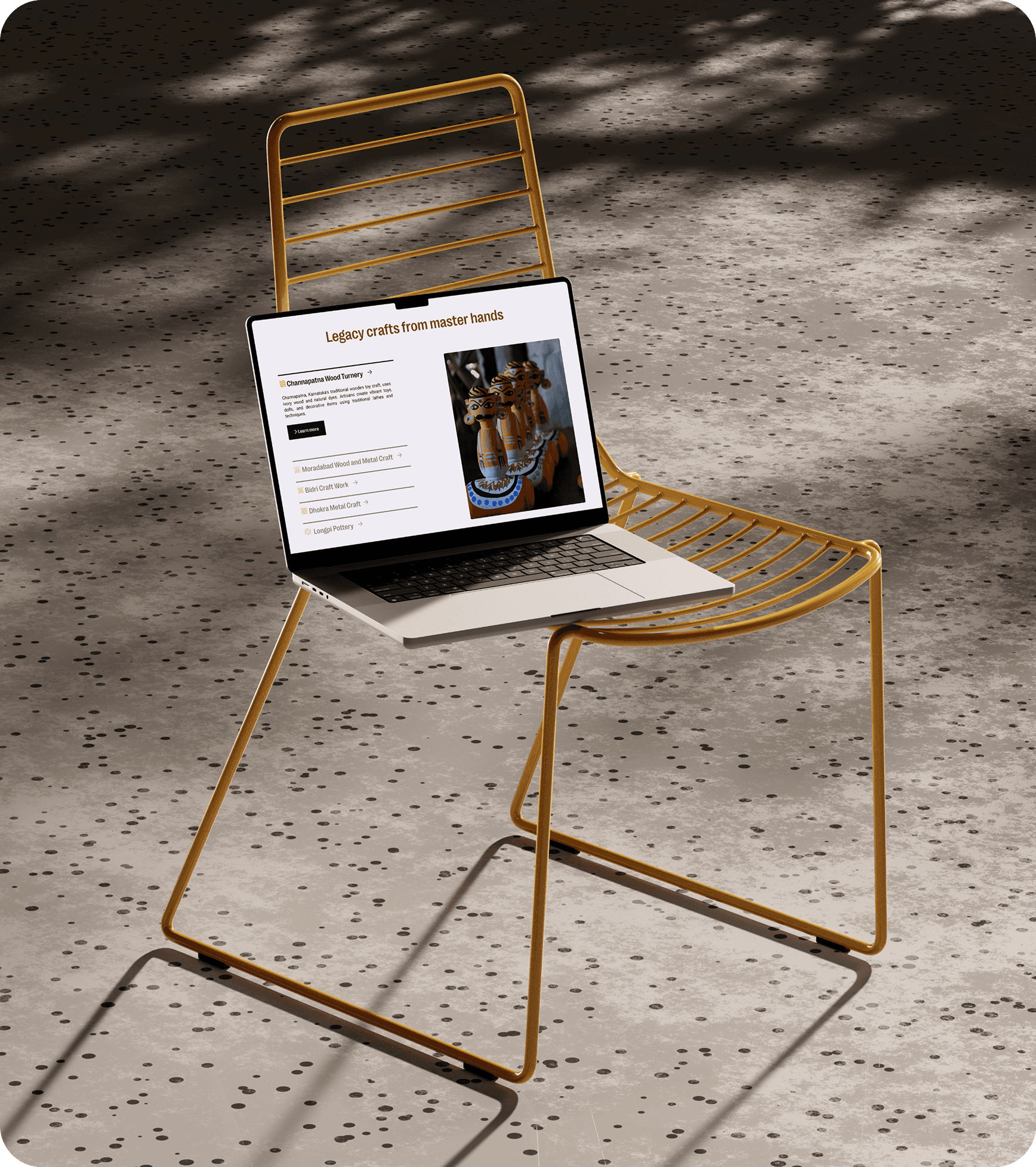 Explore traditional Indian crafts online at 'Legacy crafts from master hands' website, showcasing Channapatna Wood Turnery and more.