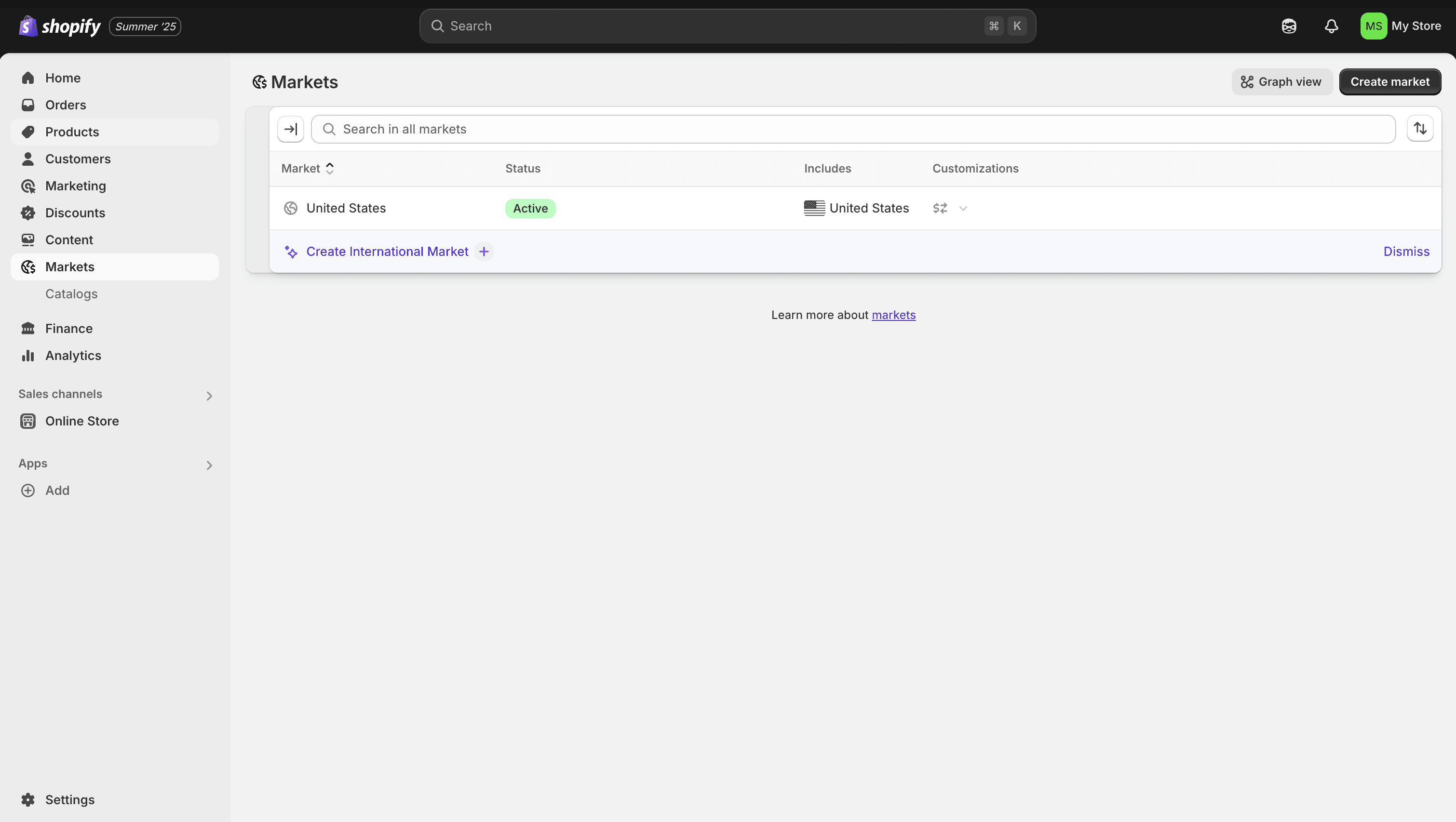  Shopify admin dashboard, go to Settings > Markets