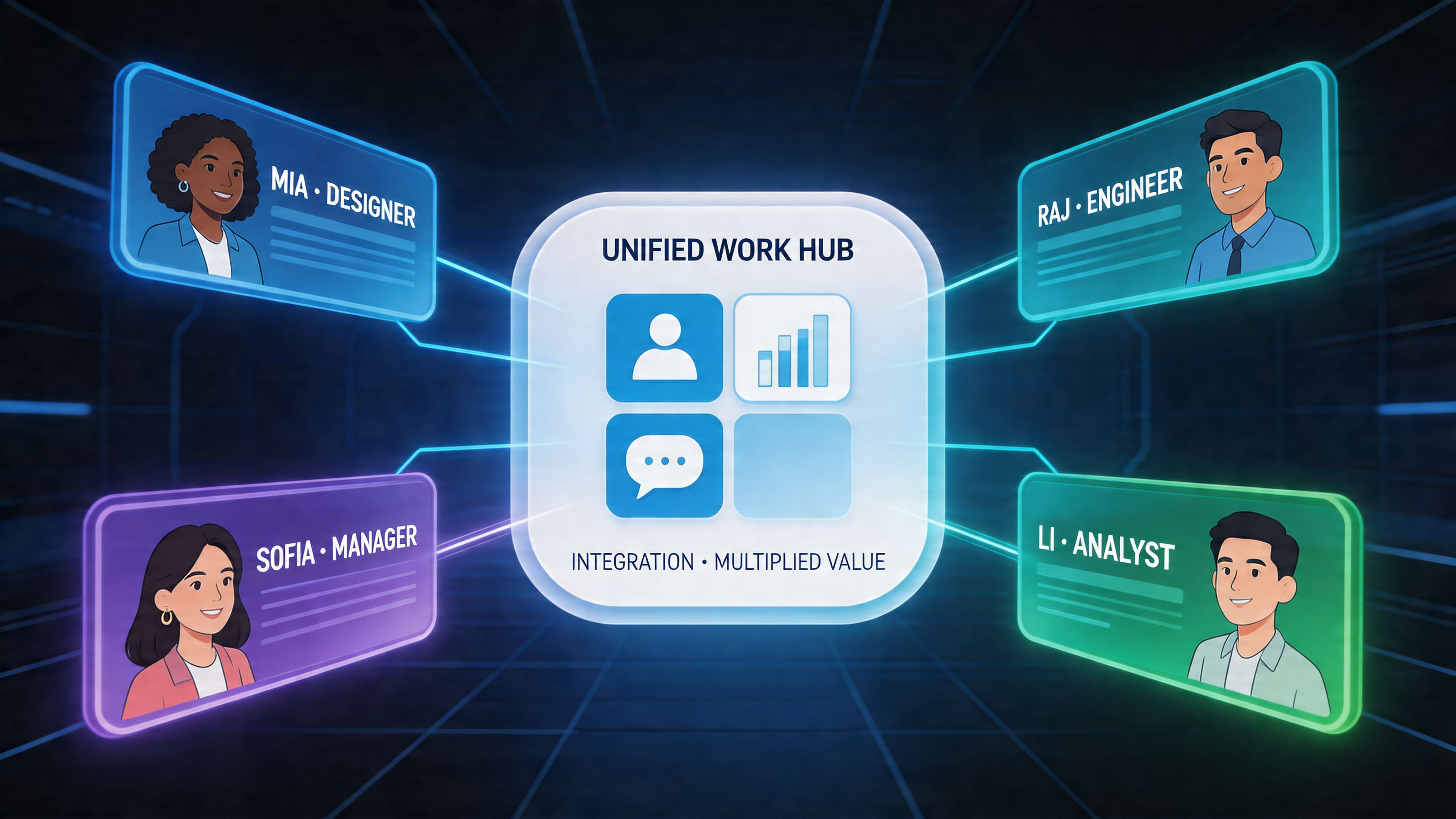 A digital graphic showing a Unified Work Hub connected to four team members with their professional roles.