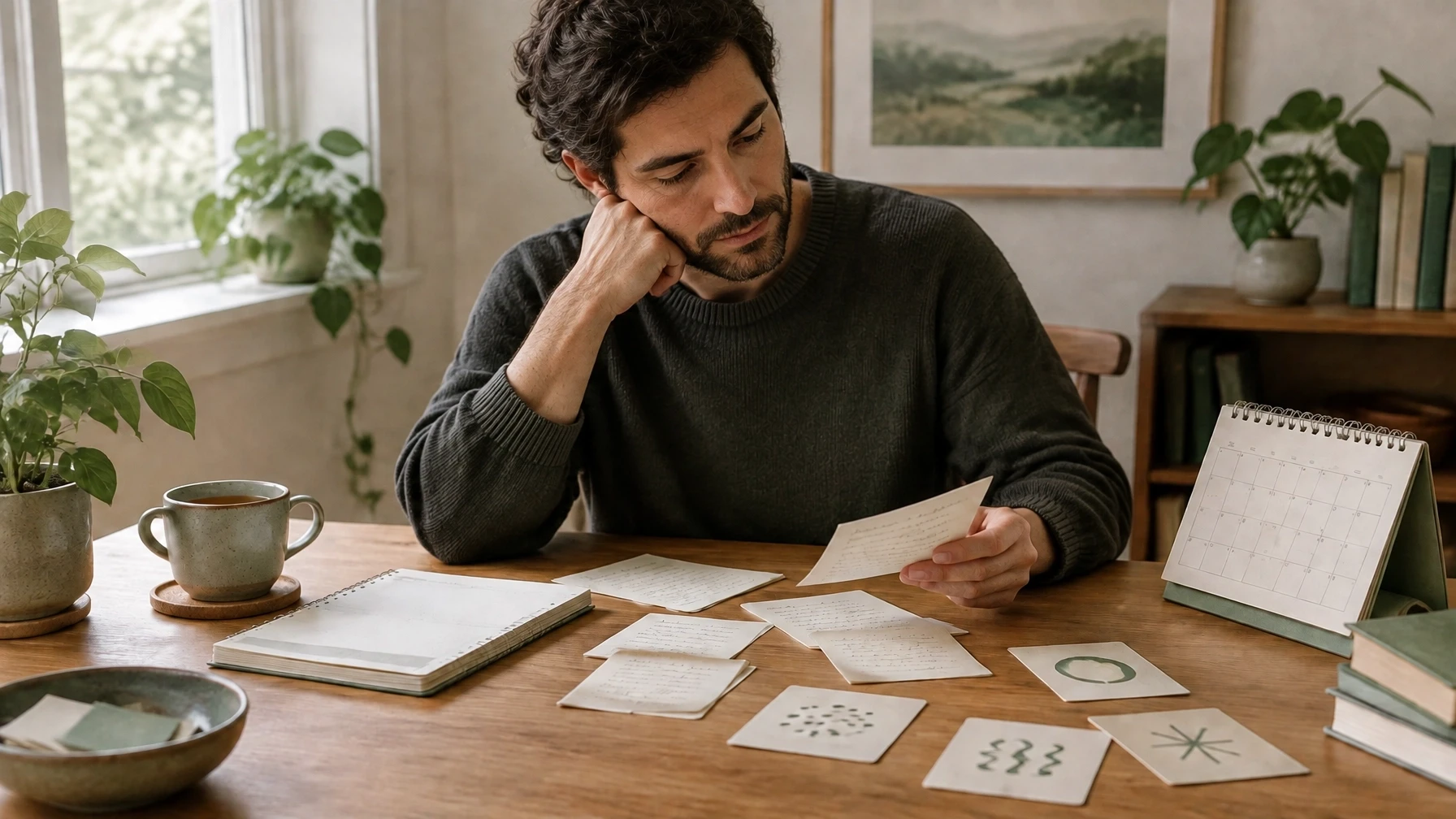 Person calmly reviewing notes and a calendar at a simple desk