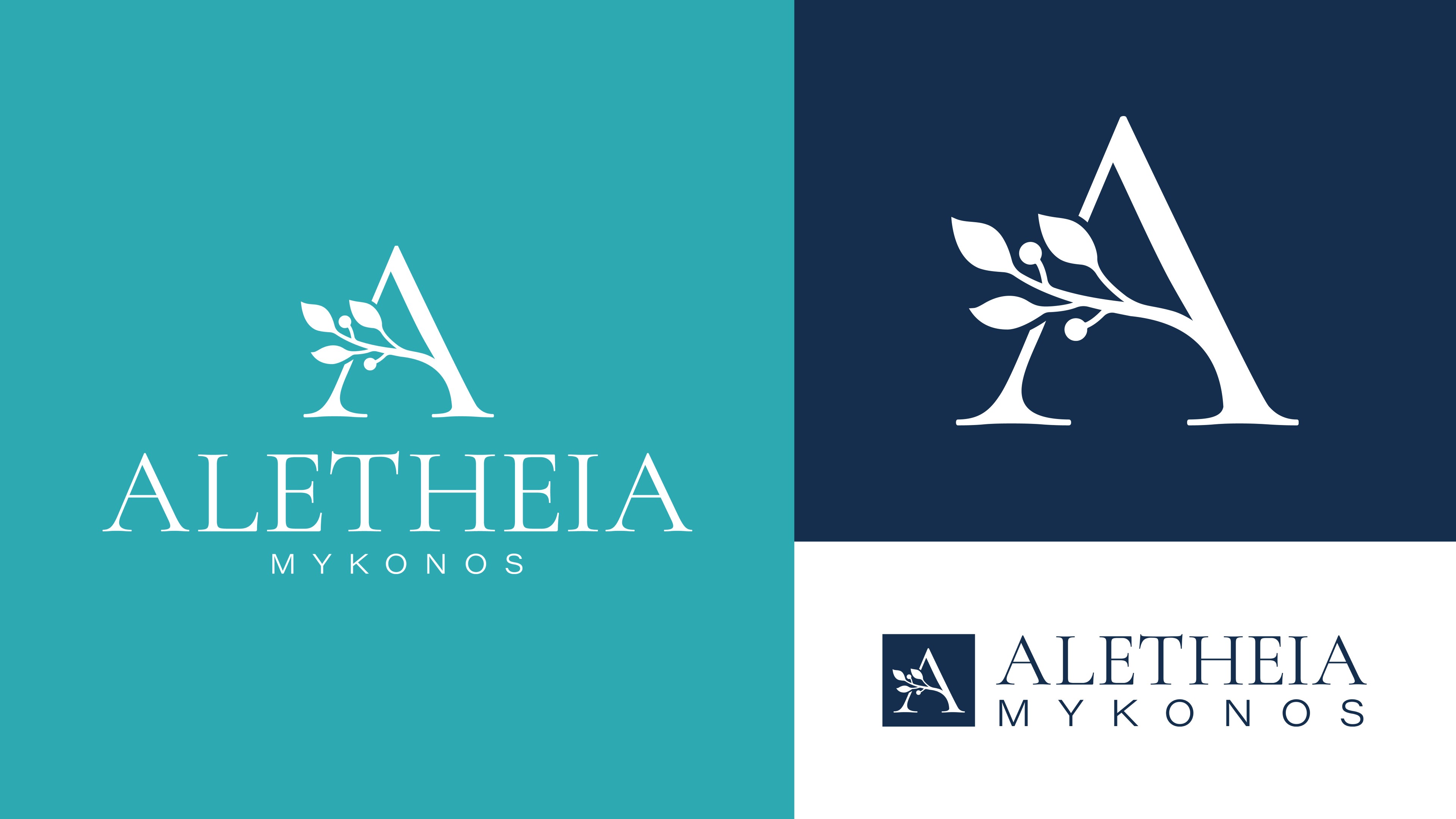 Blue logo lockups for a Mykonos Hotel named Aletheia