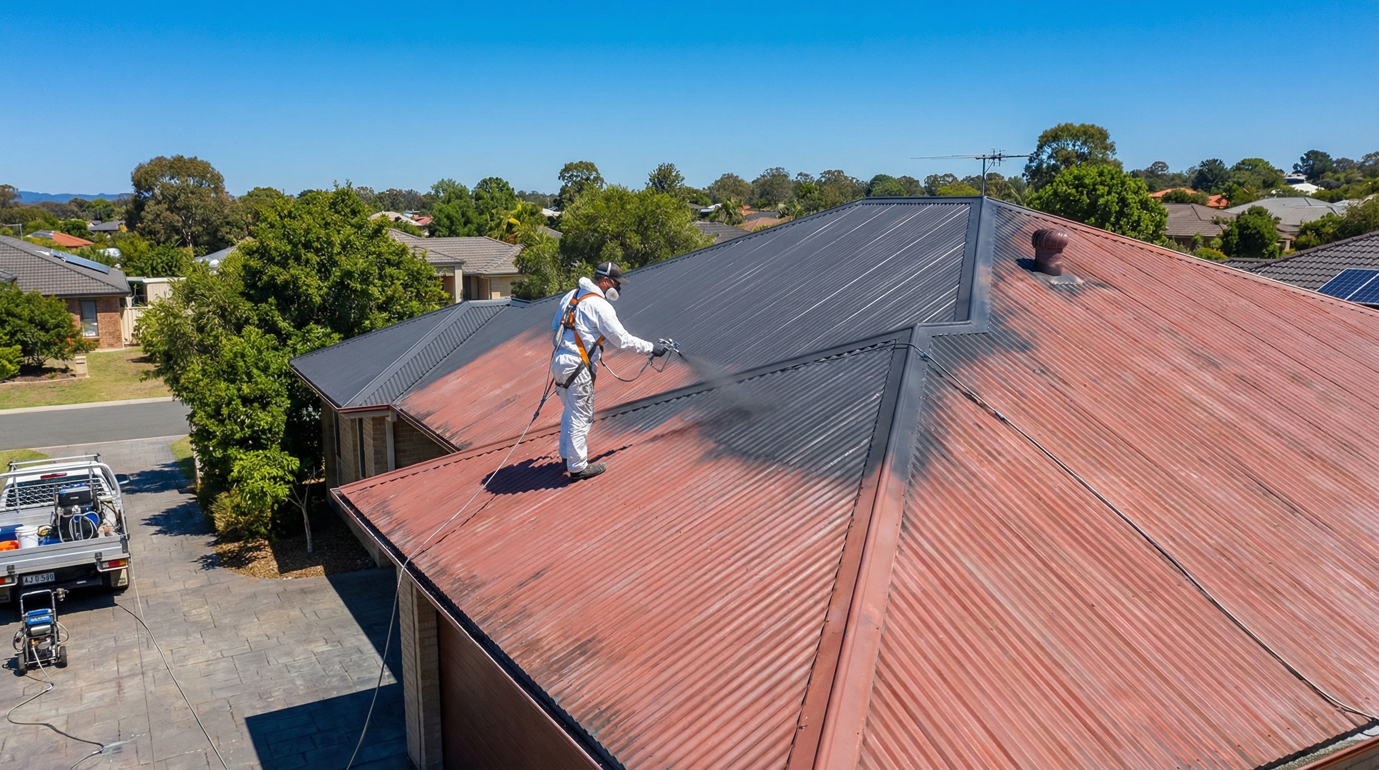 Person in protective suit painting a red metal roof with black paint on a sunny day.