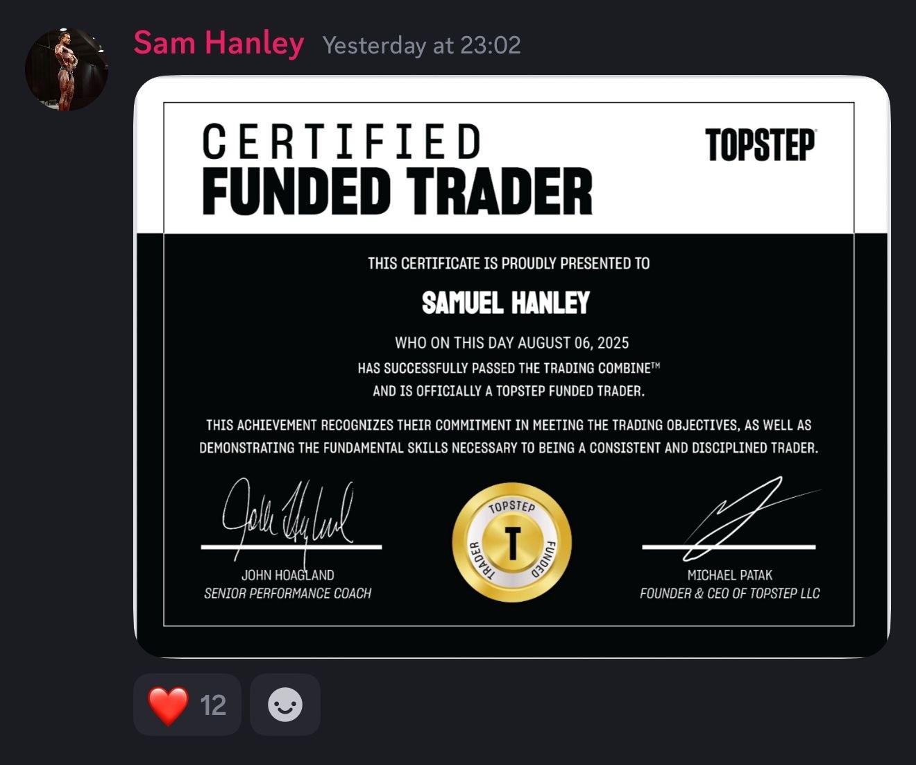 Certified Funded Trader certificate awarded to Evo X member Sam Hanley by Topstep