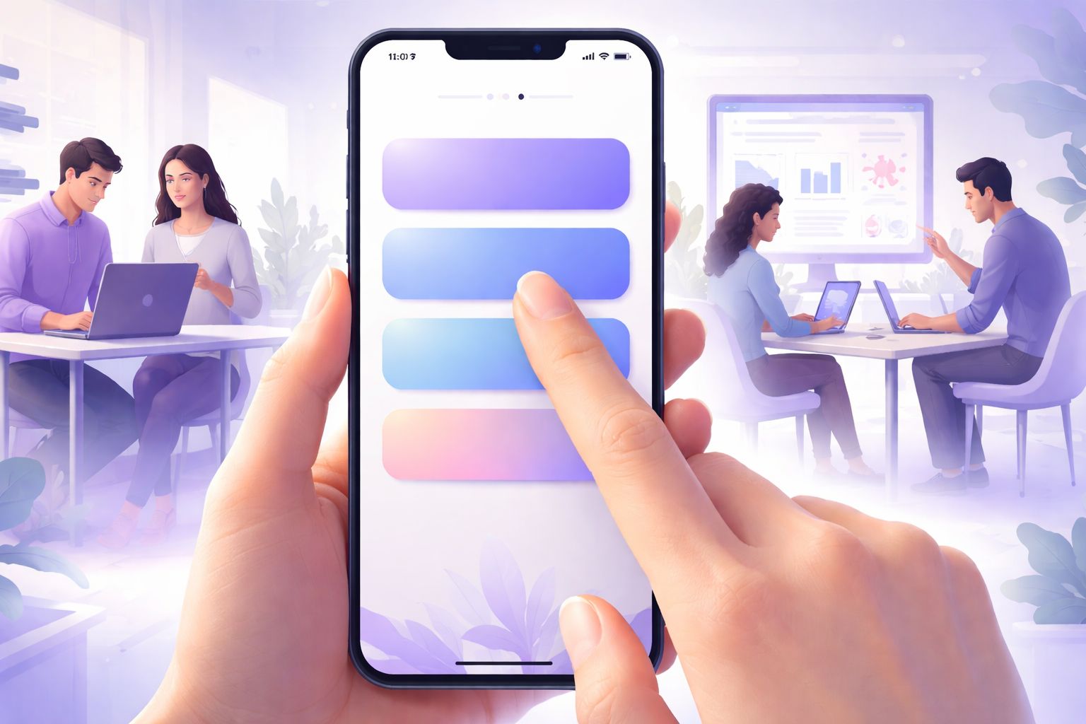 A person holding a smartphone and tapping on the screen with an office environment in the background.