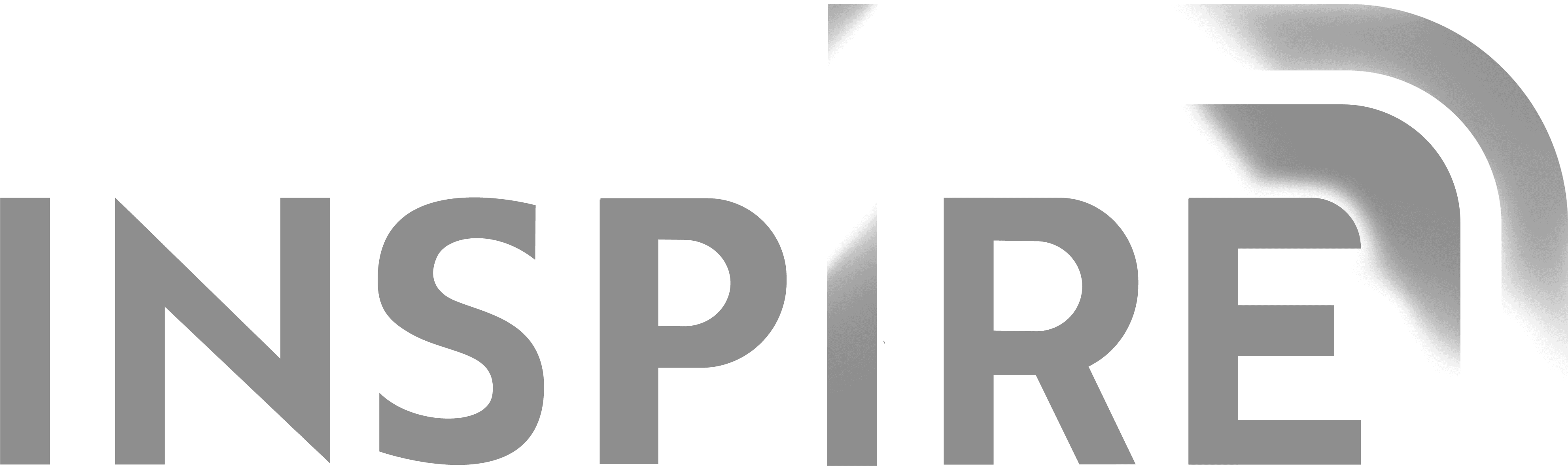 A gray logo featuring the word "Inspire" with a stylized, curved wing-like design extending from the letter "E" on a transparent background.