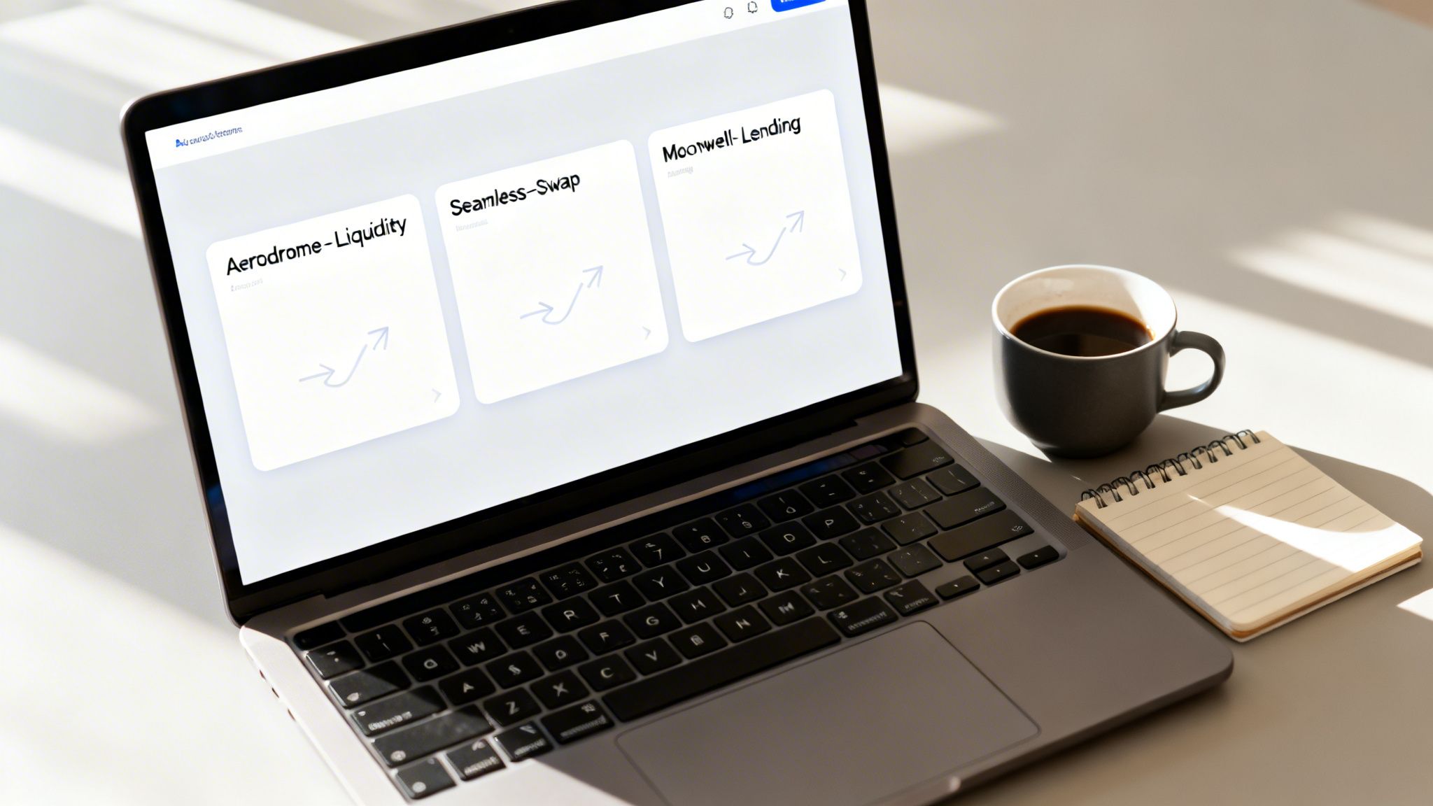 A laptop displaying a DeFi application with liquidity, swap, and lending options, next to a coffee cup and notebook.
