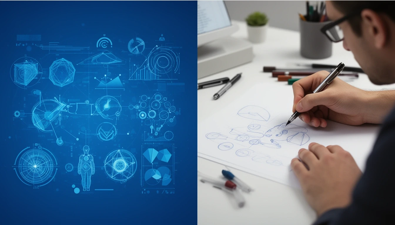 Stylized illustration of business professionals and a humanoid robot interacting with digital dashboards displaying analytics and profiles
