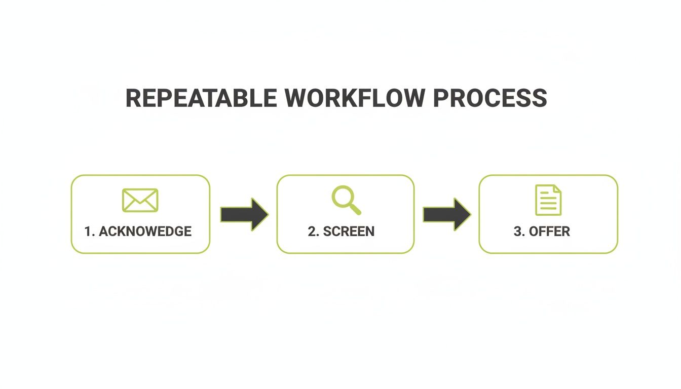 A diagram illustrates a repeatable workflow process with three steps: acknowledge, screen, and offer.