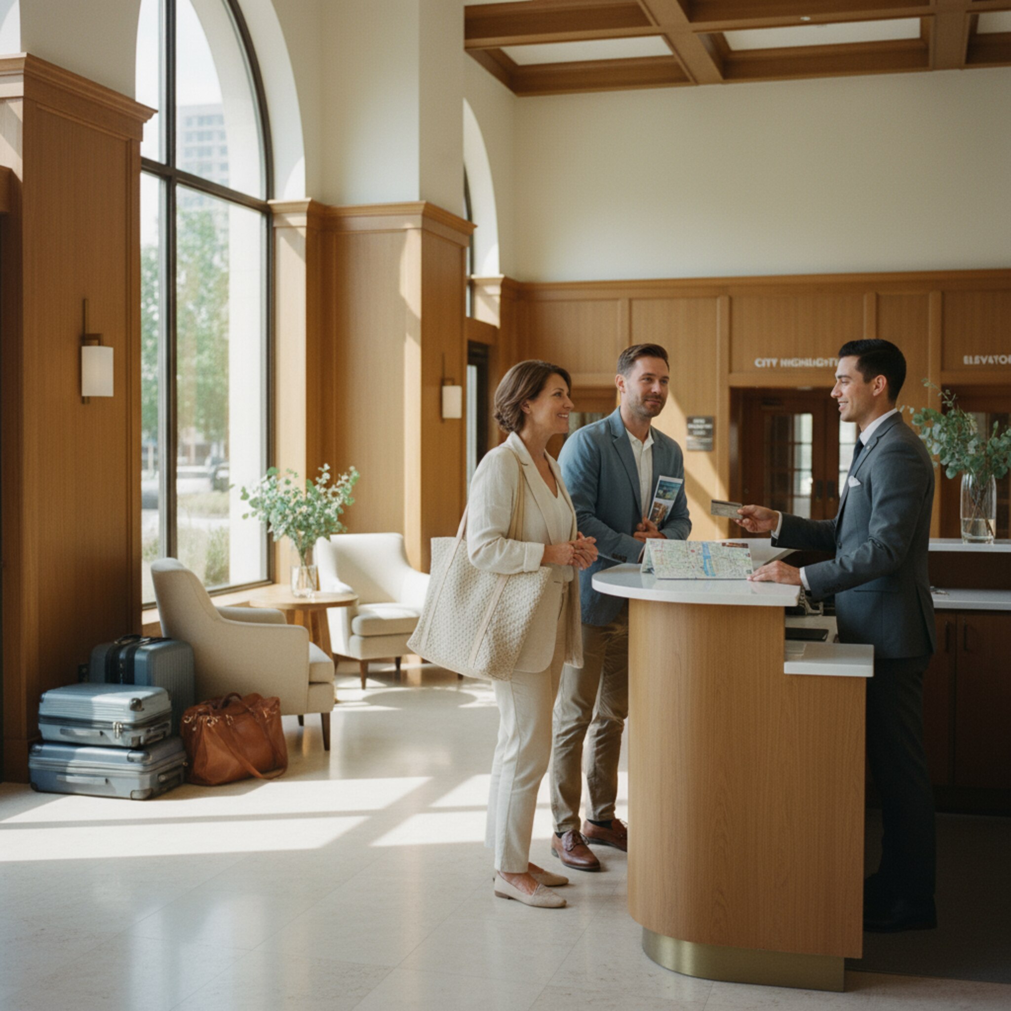 Im Foyer eines Hotels spricht der Concierge mit zwei Gästen und händigt ihnen eine elegante Karte für den Stadtzugang aus. Eine dezente Wegbeschreibung wird gezeigt, die Gäste nicken zufrieden. Gepäck steht ordentlich neben bequemen Sesseln. Die Szene vermittelt Vertrauen und klare Abläufe.
