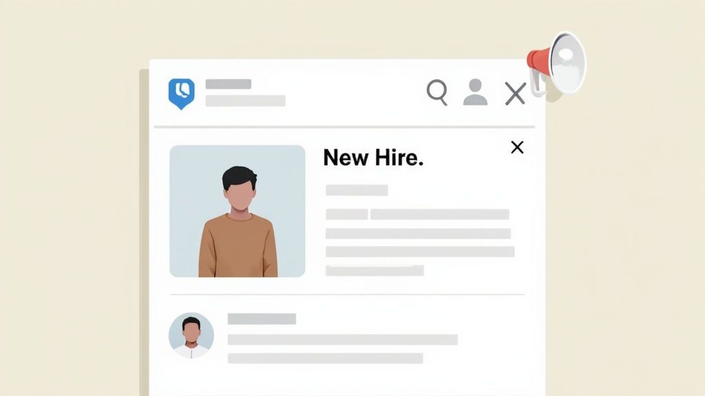 Social media platform displaying new hire announcement post with profile picture and megaphone icon