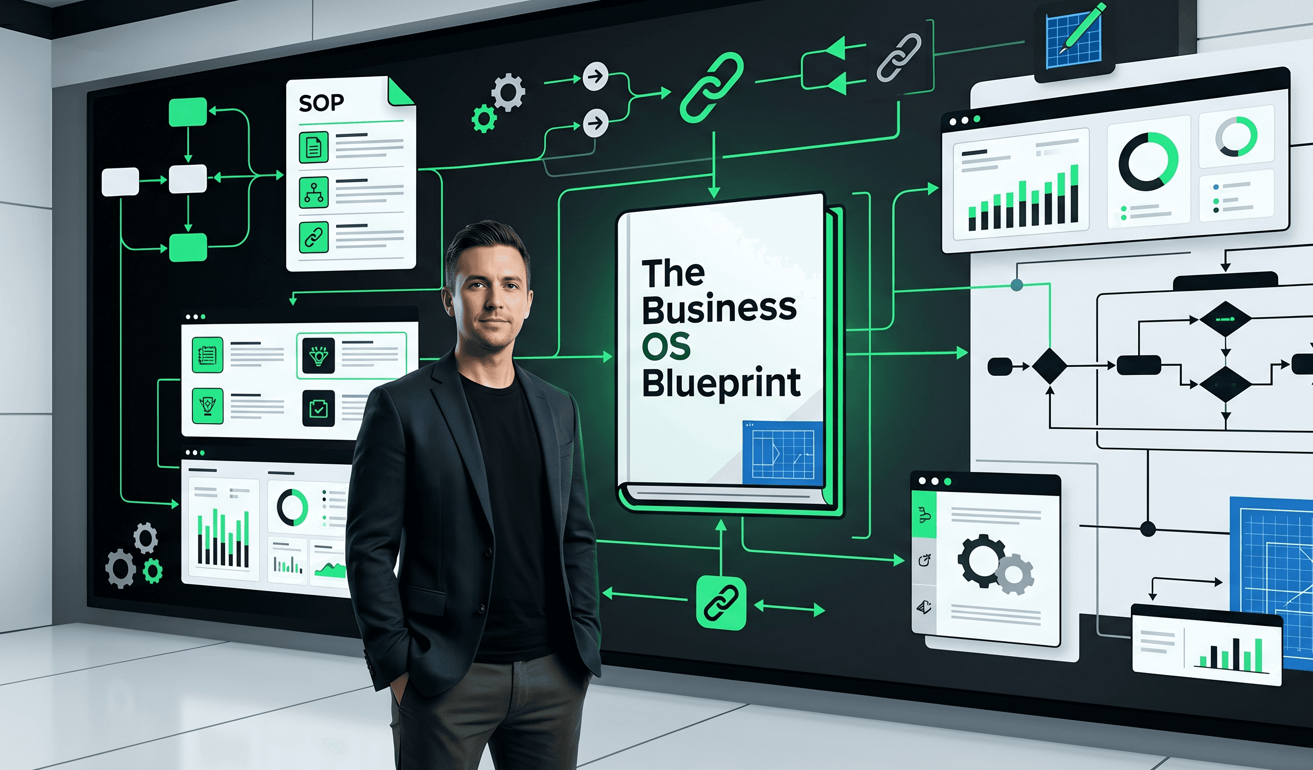 Man standing in front of a command center looking at his SOPs and systems for his business.
