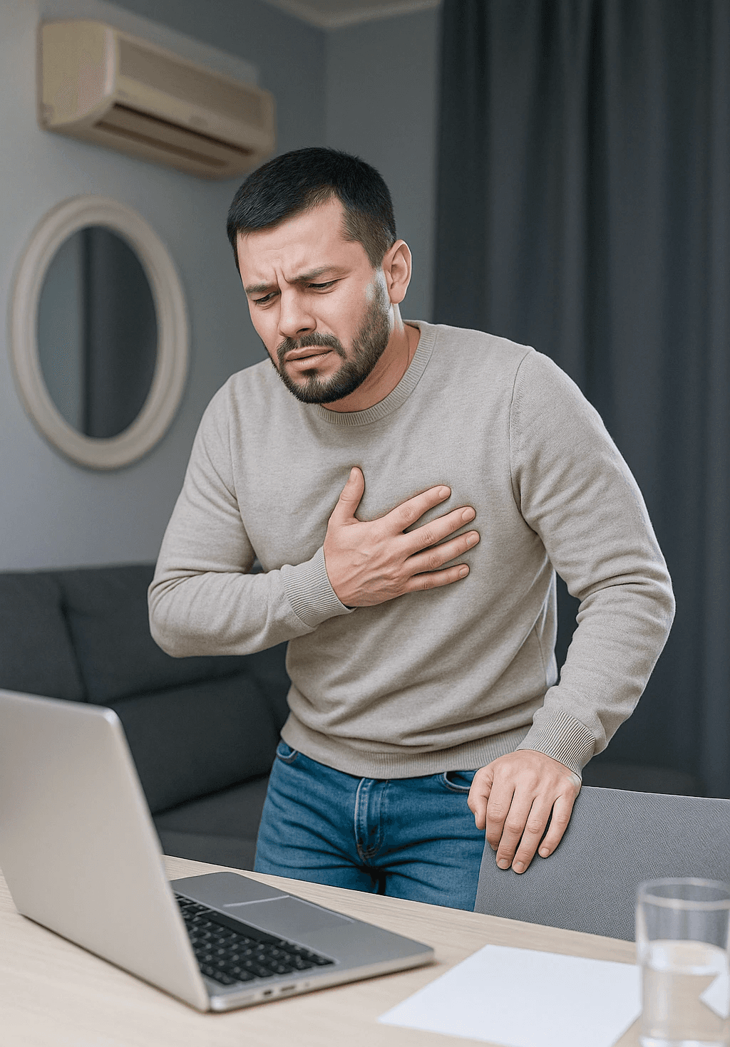 A man in a beige sweater clutching his chest with an expression of pain or discomfort, sitting in front of a laptop in a modern office, illustrating symptoms of cardiac arrhythmia