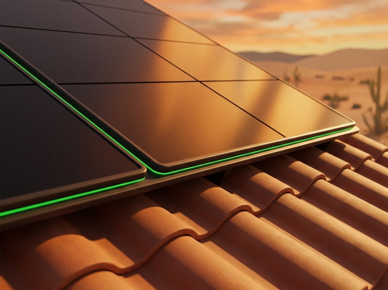 Close-up of rooftop solar panels at golden hour