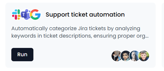 Workflow template card: Support ticket automation, connected app icons, Run button and assigned team avatars