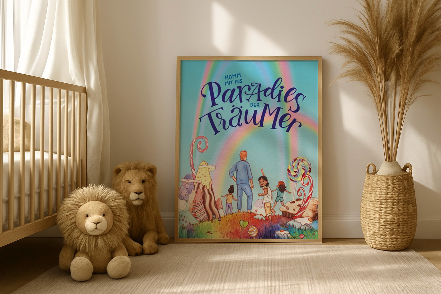 Poster im A3-Format des Kinderbuchs „Paradies der Träumer“ mit handgestaltetem Lettering des Titels, verspielten Figuren und Regenbogen. Das Poster steht auf dem Boden eines Kinderzimmers.