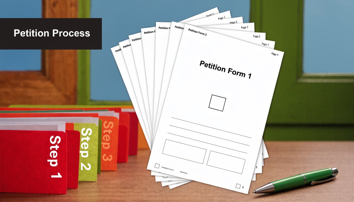 A pile of petition forms with stacked folders labeled step one, two, and three on a desk.