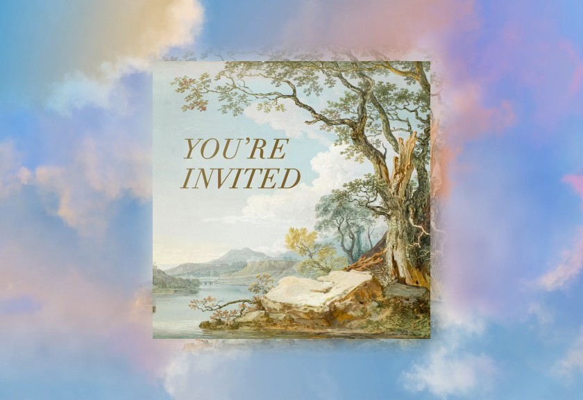 Elegant baby shower template featuring a scenic painted landscape with soft clouds and romantic “You’re Invited” text.