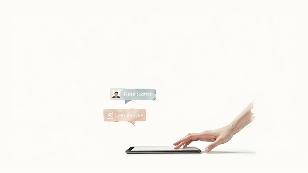 Main interagissant avec tablette numérique avec icônes de réservation et tarif bas flottantes