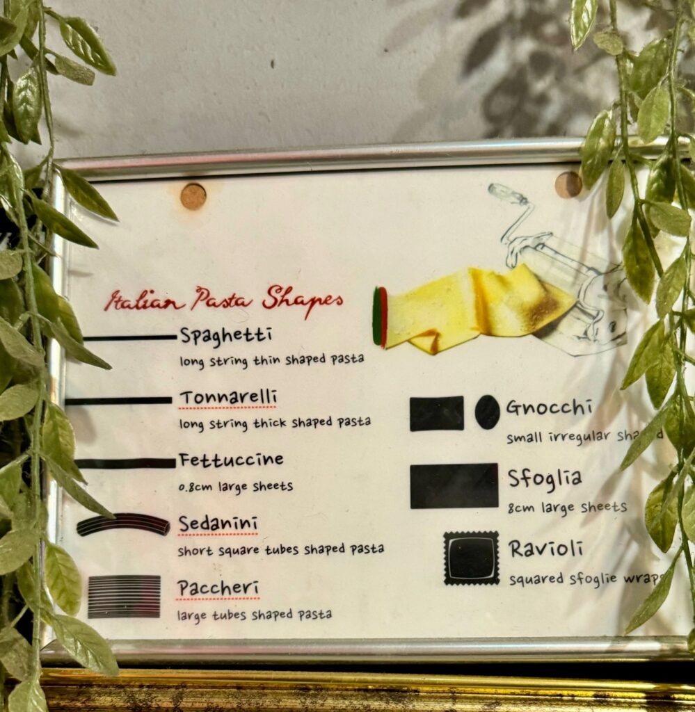 Some information on the different types of pastas at Brera Italian Restaurant in Seoul.