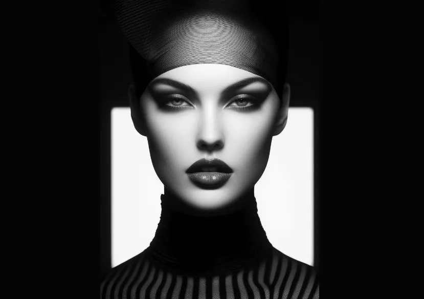 Striking Black and White Portrait Futuristic black and white portrait of a woman with dramatic makeup and a high-necked striped garment.
