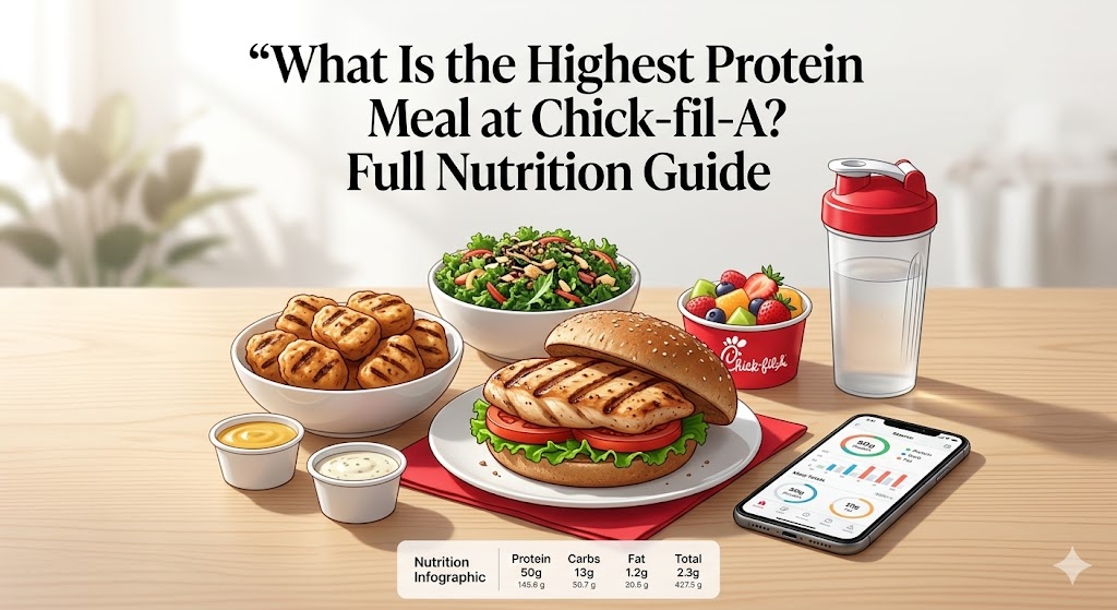A nutritional infographic showing a healthy high-protein meal from Chick-fil-A, featuring a grilled chicken sandwich, grilled nuggets, kale salad, and a fruit cup, alongside a fitness shaker bottle and a smartphone with a macro tracking app.