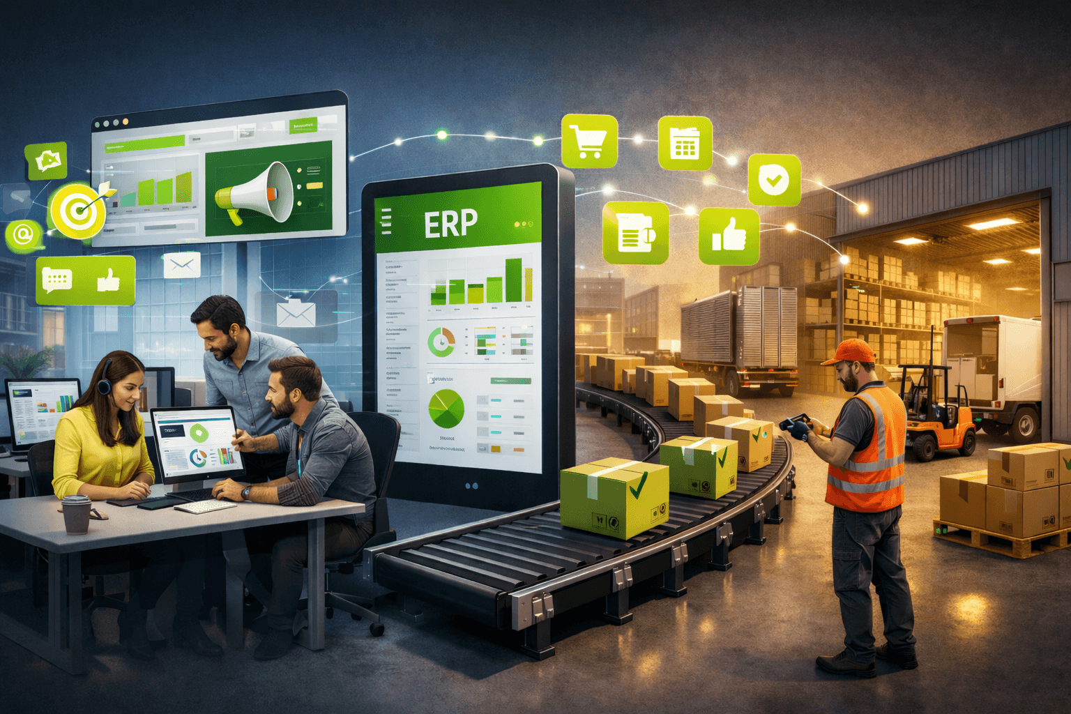 Ilustração 3D realista de um fluxo integrado entre marketing digital e operação logística: à esquerda, uma equipe em escritório analisando dados em telas; ao centro, um sistema ERP em destaque; à direita, um armazém com esteira e operador escaneando caixas. Elementos digitais e ícones conectam as áreas, com destaques em verde (#cdeb00) nas interfaces e indicadores, enquanto o fundo mantém tons neutros e industriais.