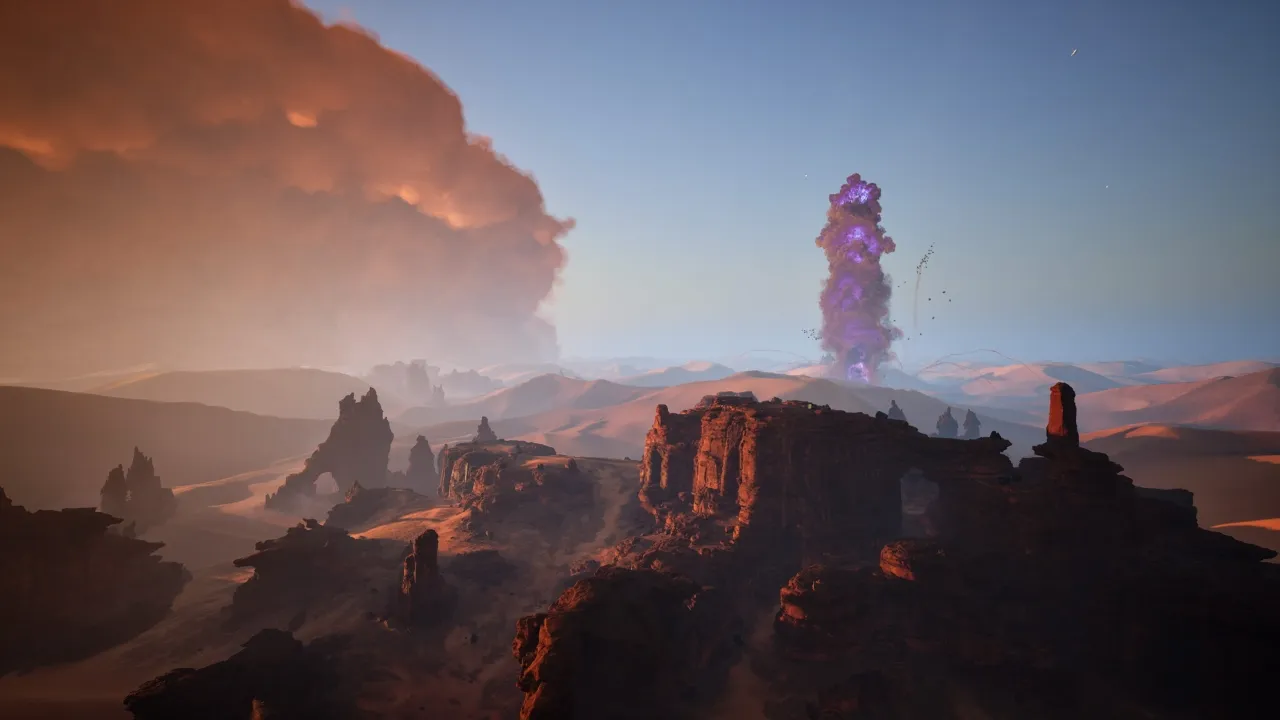 A breath-taking desert landscape features ancient ruins in the foreground with a dramatic, swirling purple cloud rising in the distance under a clear blue sky.