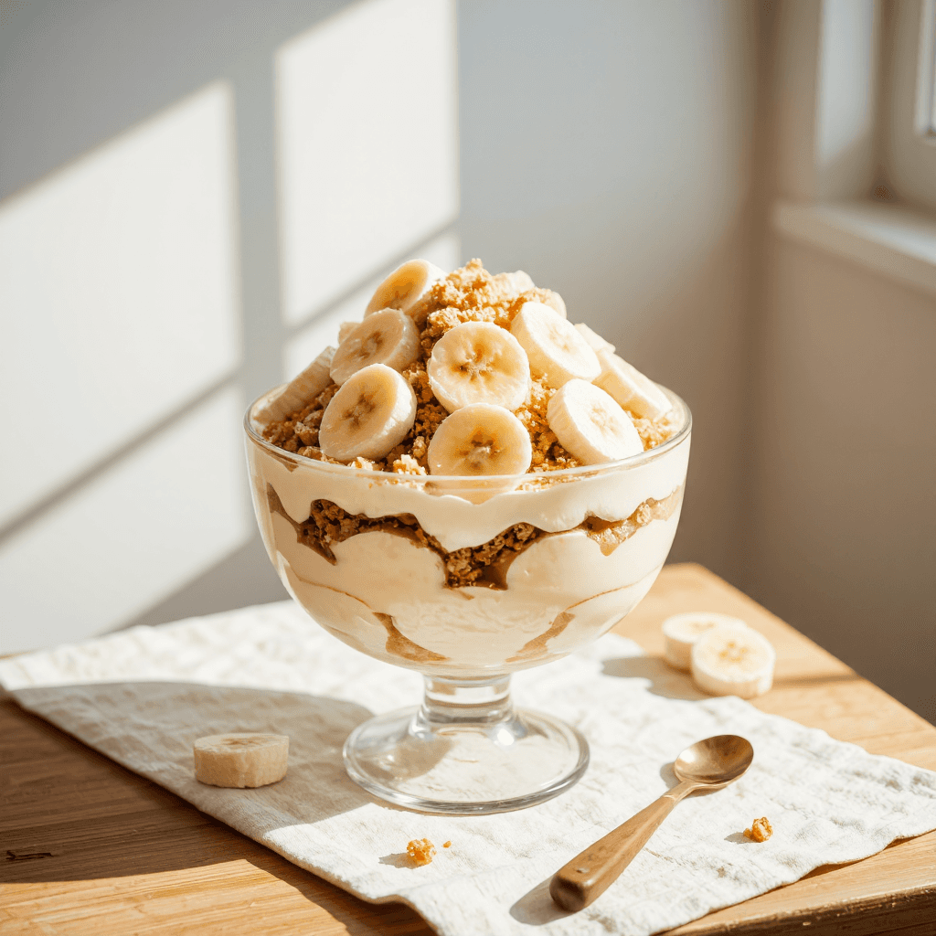 product photography of a dessert bowl with layers of cream, banana slices, and crumbled topping
