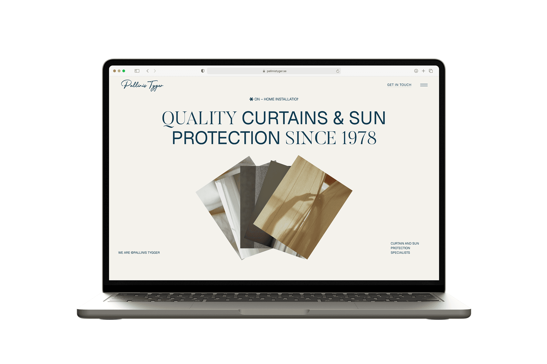 Laptop displaying the Pallinis Tyger website showcasing curtains and sun protection products.