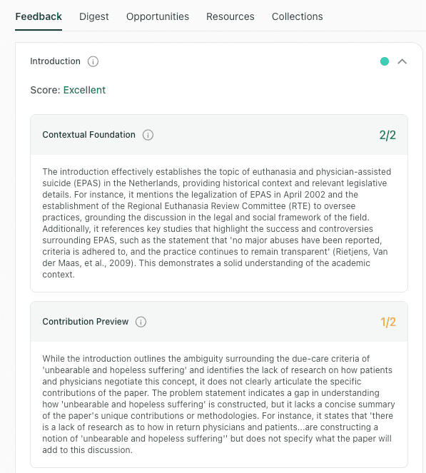thesify introduction feedback showing Contextual Foundation scored 2/2 and Contribution Preview scored 1/2 with notes that the specific contribution is not clearly articulated